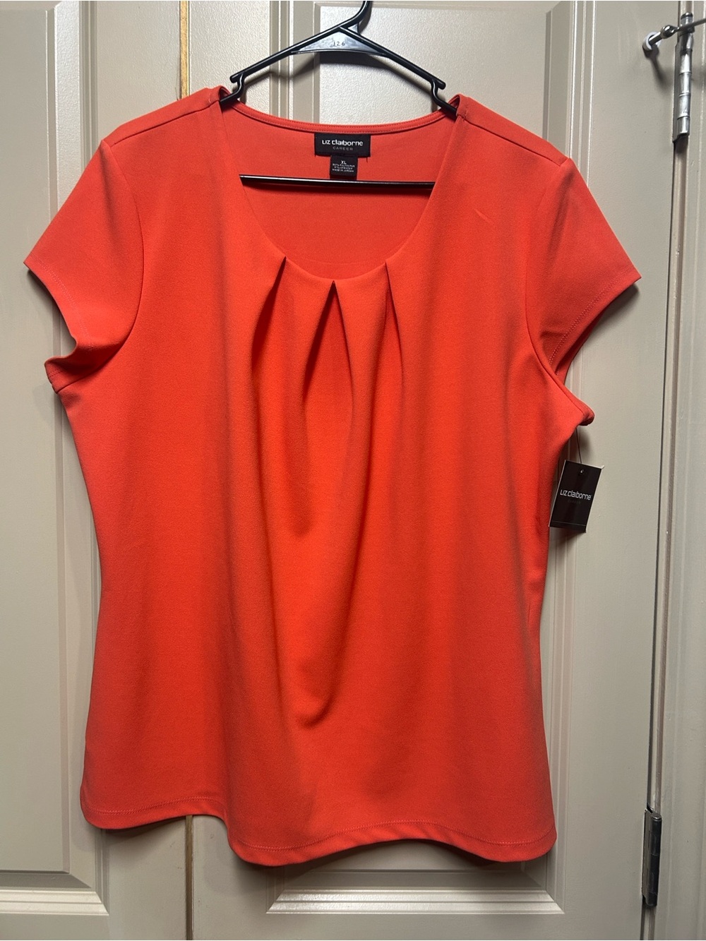 Liz Claiborne Bright Orange Short-Sleeve Pleated Front Top